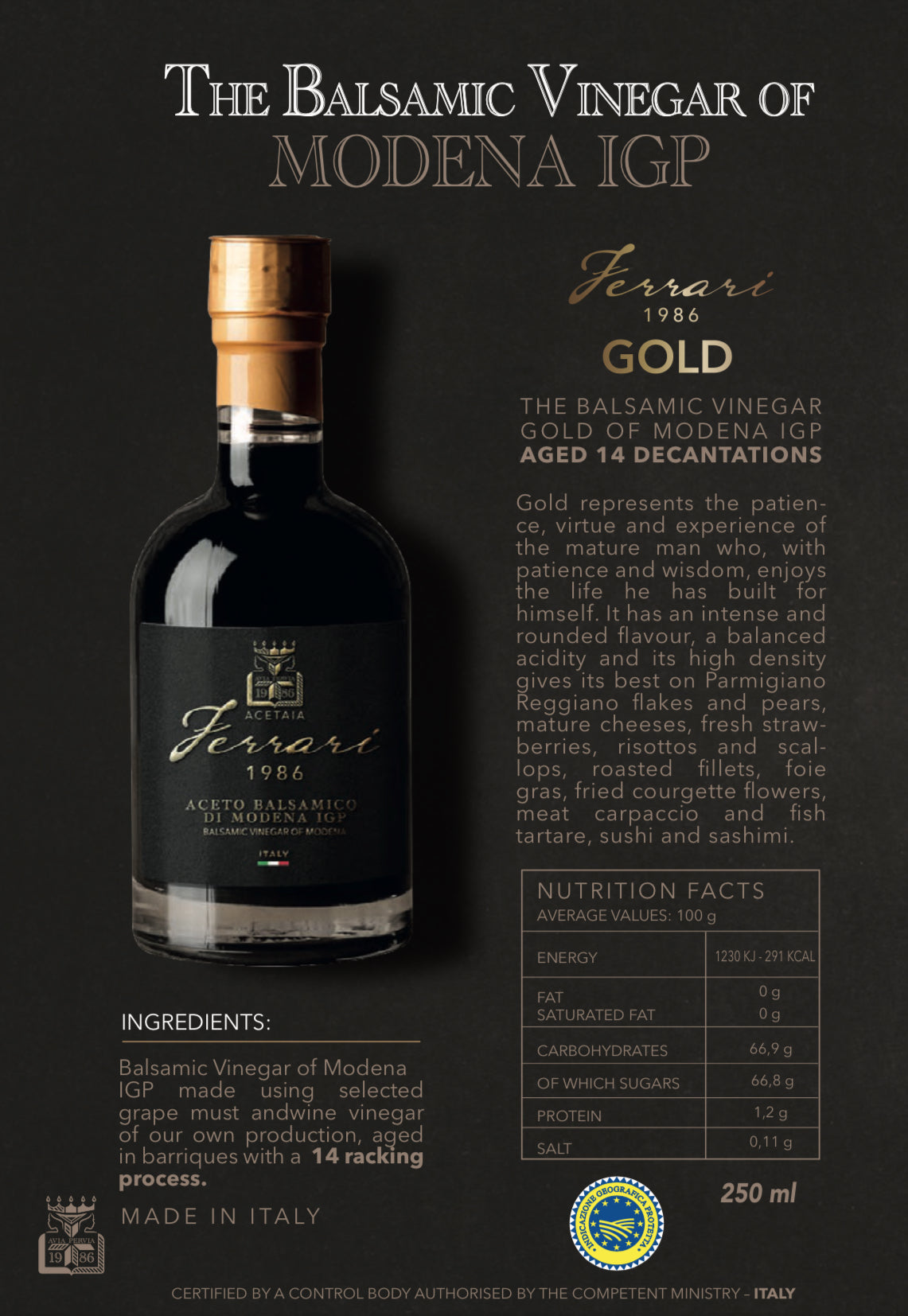 Ferrari Gold Balsamic Vinegar of Modena IGP | Aged 14 Decantations